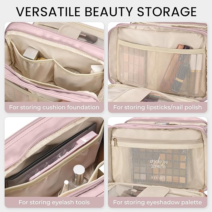 Travel Makeup Bag Women's Large Capacity Cosmetic Portable Organizer Large Opening Waterproof Storage Toiletry Bags Vertical Free-Standing Brush Holder for Easy Access Pink