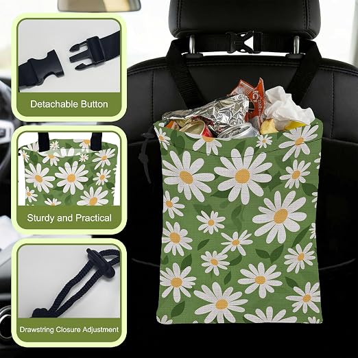 Car Garbage Bag Green Daisy Floral Drawstring Car Trash Bag Hanging for Back Seat with Adjustable Buckle Canvas Vehicle Trash Can Easy-to-Install for Car Accessories Vehicle Travelling Camping