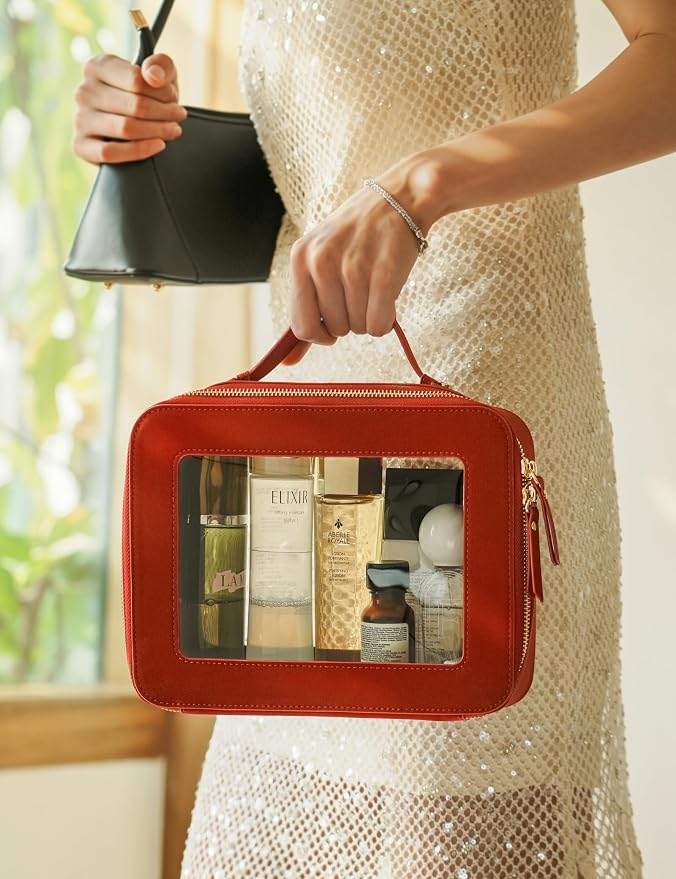 Popvibe Clear Makeup Bag Travel Cosmetic Case Toiletry Bag with Zipper, Red, Medium and Large