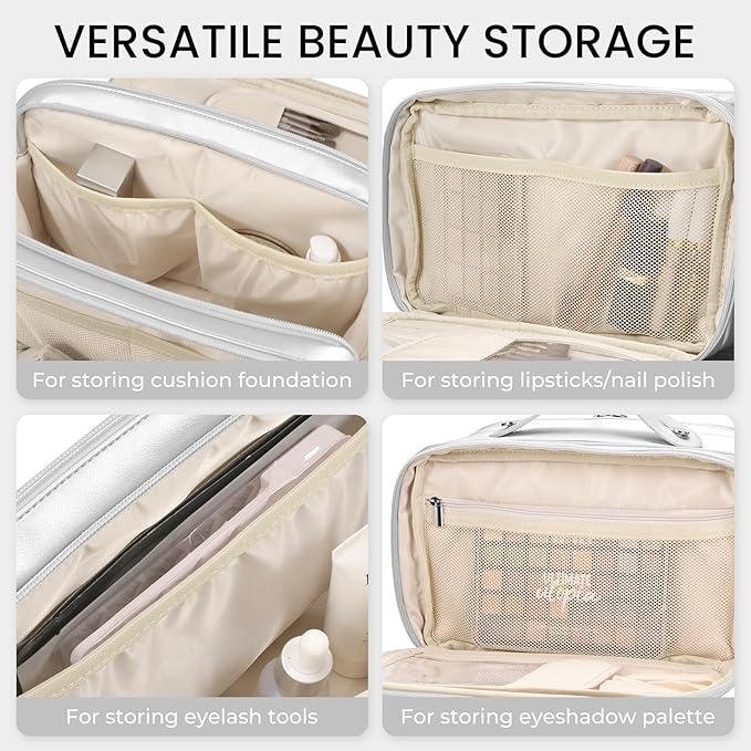 HauteHues Travel Makeup Bag Women's Large Capacity Cosmetic Portable Organizer Large Opening Waterproof Storage Toiletry Bags Vertical Free-Standing Brush Holder for Easy Access Silver