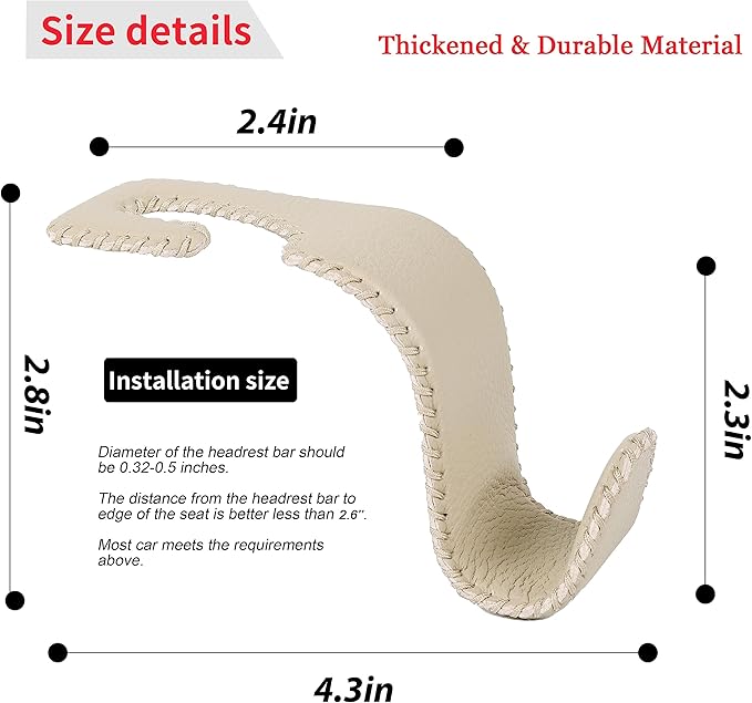 Amooca Car Seat Headrest Hook Universal Vehicle Storage Hanger Leather with Metal Car Seat Back Organizer for Handbag Purse Coat Beige 2 Pack