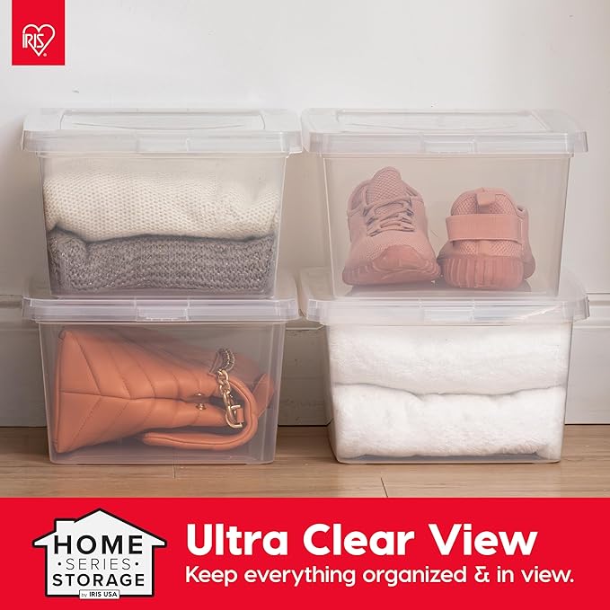 IRIS USA 4-Pack Storage Bins with Lids, 15 Quart, Shoe Boxes Clear Stackable Containers Organize Shoes Closet Shelves, Classroom Organization Teacher Tools, Game Storage - BPA-Free Plastic