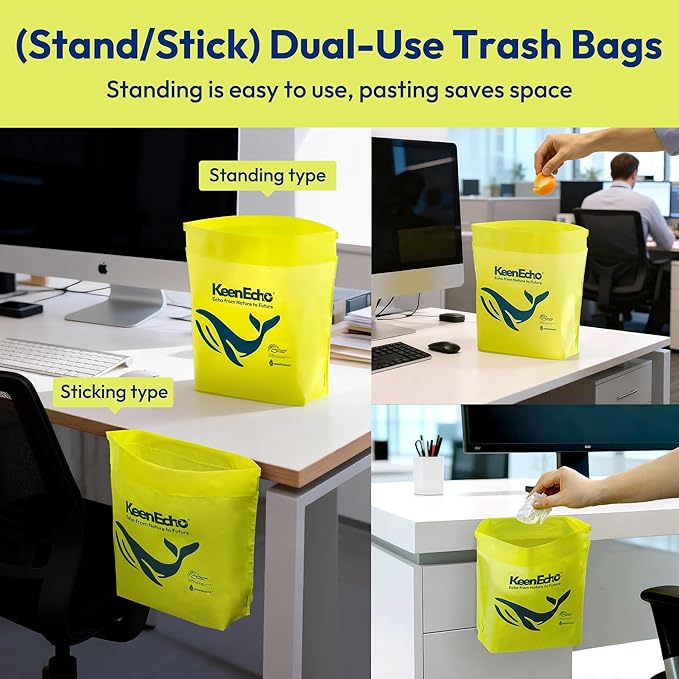 Disposable Car Garbage Bin Bags, 60 pcs, Yellow, Vomit Trash Bags made with Recycled Ocean Fishing Nets for Boat, Plane, Travel, Camping, Bedroom, Study Room, Office and Car