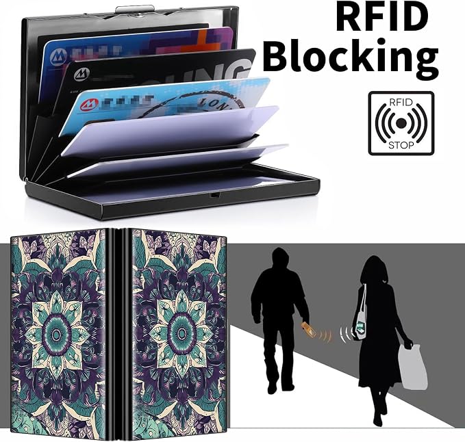 Metal Wallet for Women Men Girls, RFID Blocking Slim Aluminum Credit Card Holder, Mini Travel Wallet with Hard Shell, Lightweight ID & Business Card Case,Art Mandala
