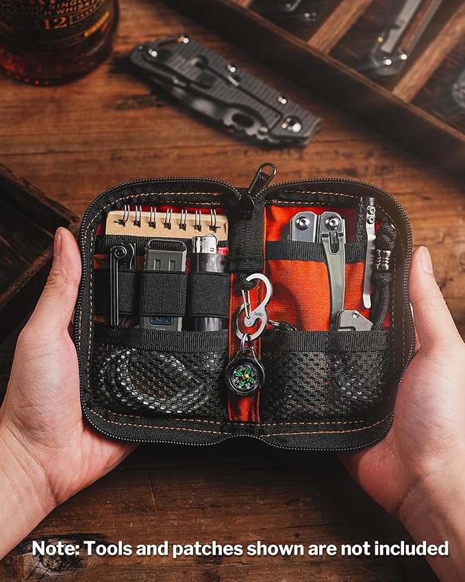 VIPERADE VE10 EDC Pouch Small Pocket Tool Pouch with 10 Compartments, Men's Pocket Organizer for Multitools, EDC Organizer with Patches Area for DIY (X-pac Orange)