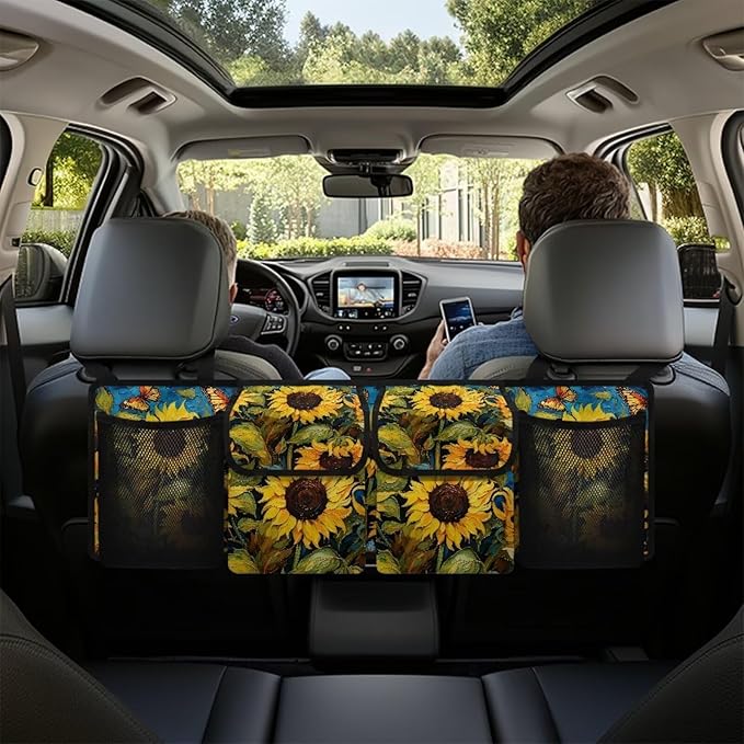 Sunflower Print Car Trunk Organizer Hanging Detachable Car Backseat Storage Bag Foldable Multipurpose Storage Bag for Automotive Trunk Storage and Decoration