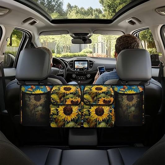 Sunflower Print Car Trunk Organizer Hanging Detachable Car Backseat Storage Bag Foldable Multipurpose Storage Bag for Automotive Trunk Storage and Decoration