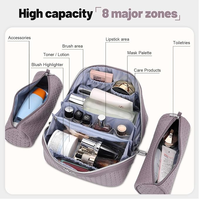 BOYATU Travel Makeup Bag Cosmetic Bags for Women: Large Capacity 3 Pcs Set Make up Bag with Compartments - Waterproof Vegan Leather Toiletry Organizer Bags with Handle (L55Light Purple)
