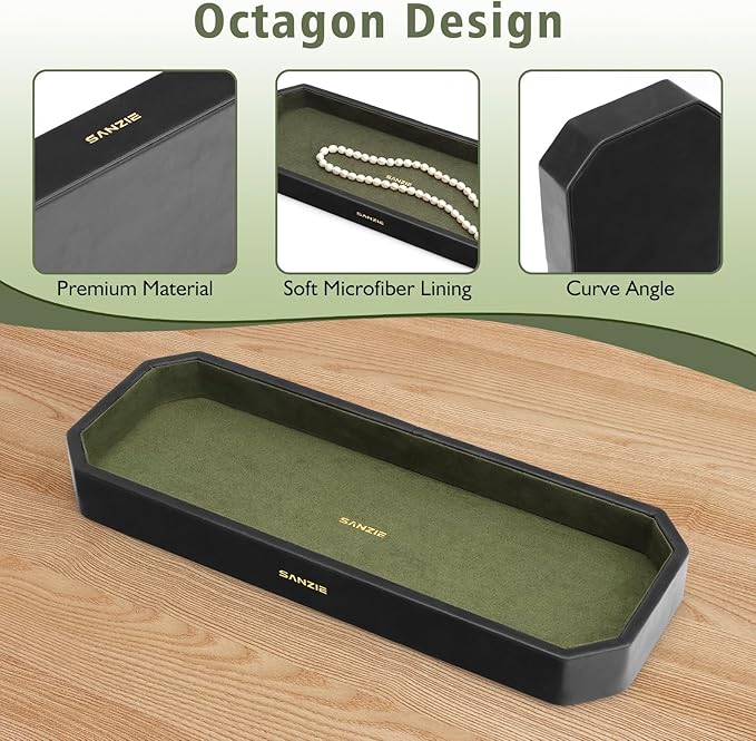 SANZIE Leather Tray Organizer Small Trays Decorative Tray Desktop Storage Premium Serving Tray Valet for Sundries Cosmetics Keys Phone Wallet Cutlery (Black, Medium)