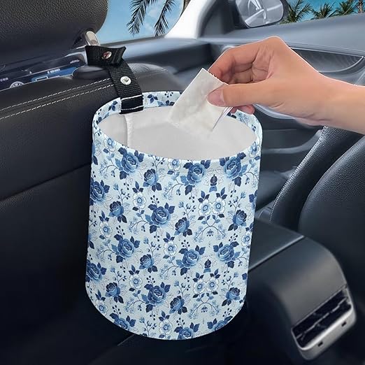 Blue Roses Car Rubbish Bin Portable Waste Basket Can Foldable Auto Waste Storasge Bag Holder with Adjustable Strap for Camping, Travelling, Picnic