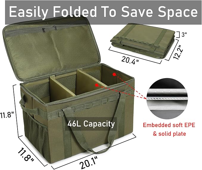 Tactical Camping Storage Bag - 46L Utility Tote Bag Trunk Organizer (Army Green)