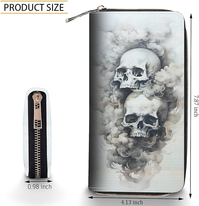 Bxgolkgd Womens Wallet, RFID Blocking Leather Wallet,Large Capacity Wallet Credit Card Holder PU Leather Ladies Clutch with Zipper Coin Pocket - Smoke Skull