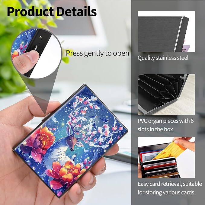 Metal Wallet for Women Men Girls, RFID Blocking Slim Aluminum Credit Card Holder, Mini Travel Wallet with Hard Shell, Lightweight ID & Business Card Case,Art Deer Elk