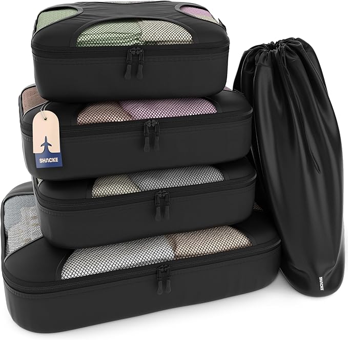 Shacke Packing Cubes for Travel 5 Set - Premium Luggage Organizer Bags - Versatile Travel Organizer for Women and Men - Optimized Packing Bags - Travel Essentials (Pure Black)
