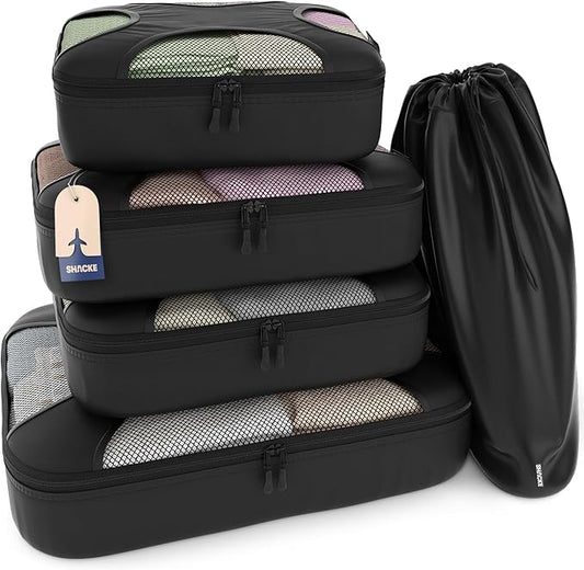 Shacke Packing Cubes for Travel 5 Set - Premium Luggage Organizer Bags - Versatile Travel Organizer for Women and Men - Optimized Packing Bags - Travel Essentials (Pure Black)