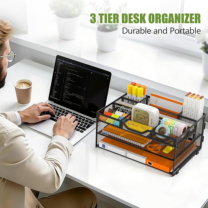 3-Tier Letter Paper Tray Desk Organizer, Black Desktop File Rack Holder with 3 Drop in Pencil Holder and Sliding Tray for Office Classroom and Home Supplies Organization Storage