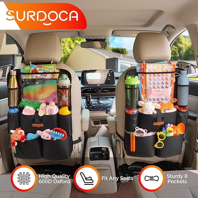 SURDOCA Car Organizers and Storage with 11-inch Touch Screen Tablet Holder, Backseat Car Organizer with 8 Pockets, Car Seat Protector Road Trip Essentials for Kids