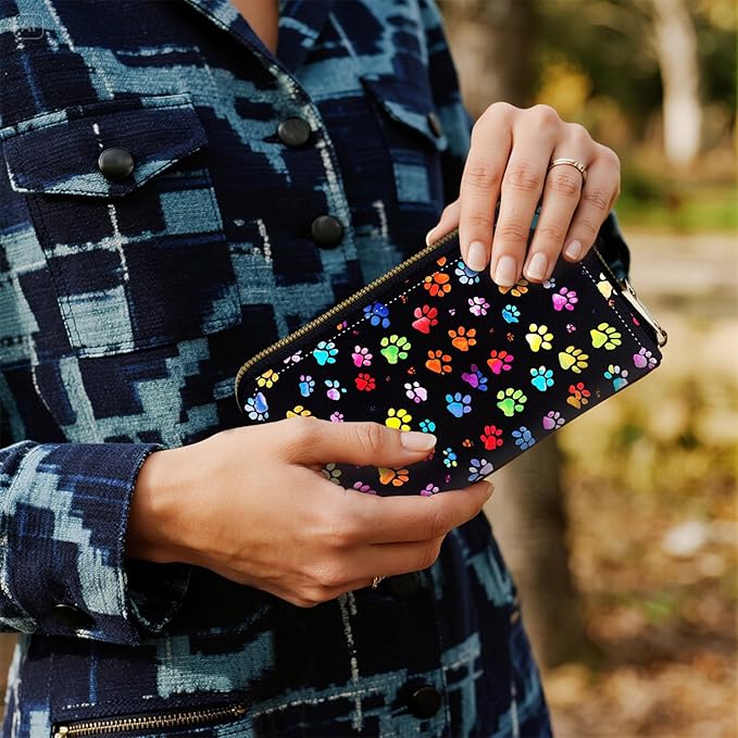 Women's RFID Blocking Zip Around Wallet with Detachable Wrist Strap, Large Capacity Credit Card Holder Organizer for Everyday Use,Cute Dog Paw