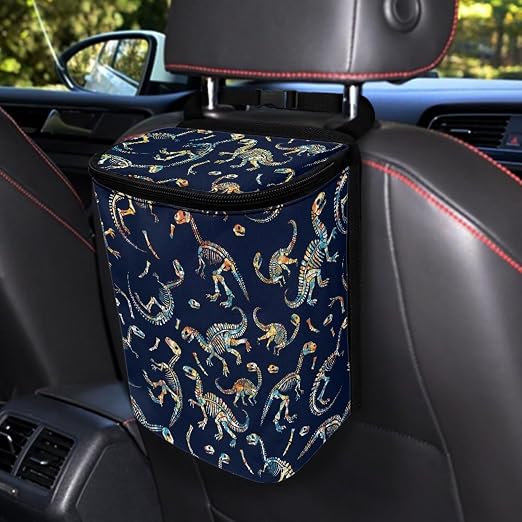 Dinosaur Print Car Accessories Back Seat Multipurpose Cars Trash Can with Lid, Leak Proof Waterproof Hanging Car Garbage Can for Road Trip Travel