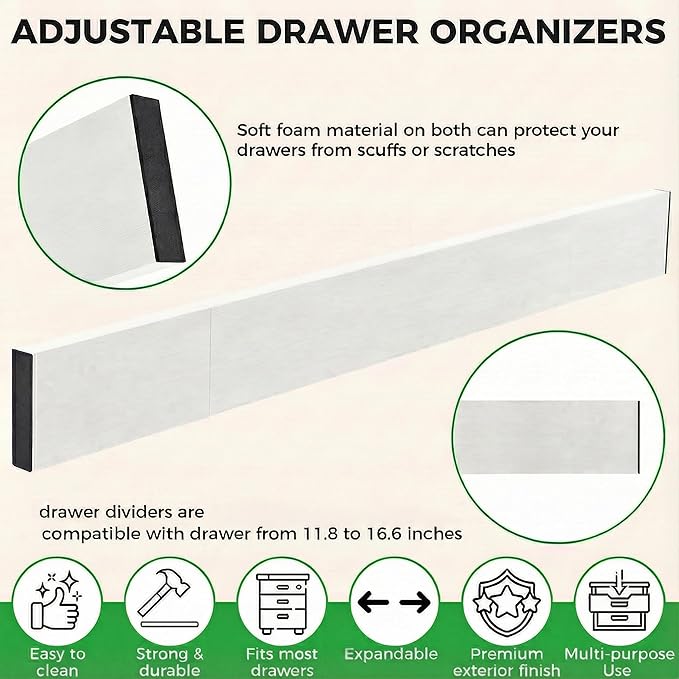 4 Pack Bamboo Drawer Dividers 2.6" High, Adjustable Length from 12 Inch to 17 Inch, Expandable Kitchen Drawer Organizer Separators for Clothes, Kitchen, Bedroom, Dresser, Office (White)