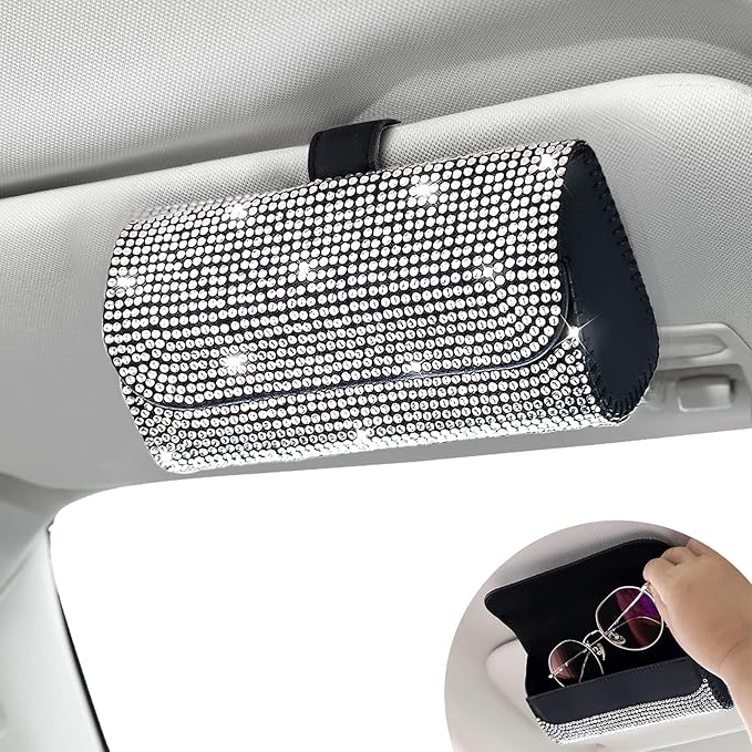 Accmor Bling Sunglasses Holder for Car Sun Visor, Sparkling Eyeglasses Car Visor Clip Storage Glasses Organizer Case, PU Leather Auto Sunglass Holder Protective Box for Truck, SUV, RV (White)