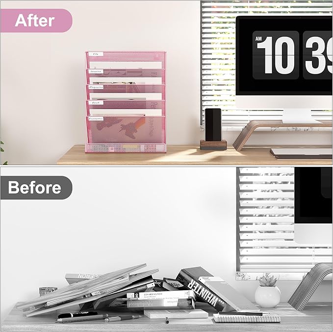 EasyPAG 5 Tier Wall File Holder, Mesh Hanging Folder Organizer with Classify Label, Versatile Desk File Holder, Vertical Wall Mounted Mail Organizer for Office Home Cubicle, Pink