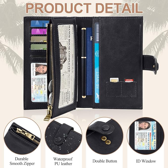 BKNOOU Passport Holder for Travel, RFID Blocking Passport Wallet Travel Wallet for Women Men, Leather Passport Cover with Zippered Coins Pocket, Trifold Clutch Wallet for Airport Essentials/Daily