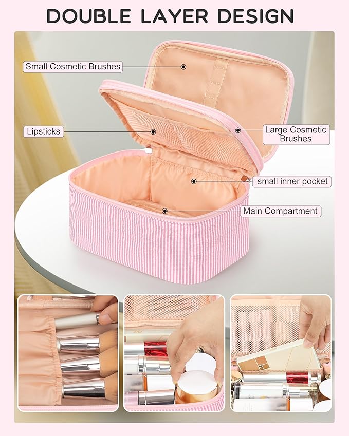 Relavel Large Makeup Bag, Portable Pink Cosmetic Bag for Girls, Dual-layer Makeup Pouch with Brush Holder, Multi-Functional Preppy Toiletry Organizer for Travel, Daily Use - Pink Strip
