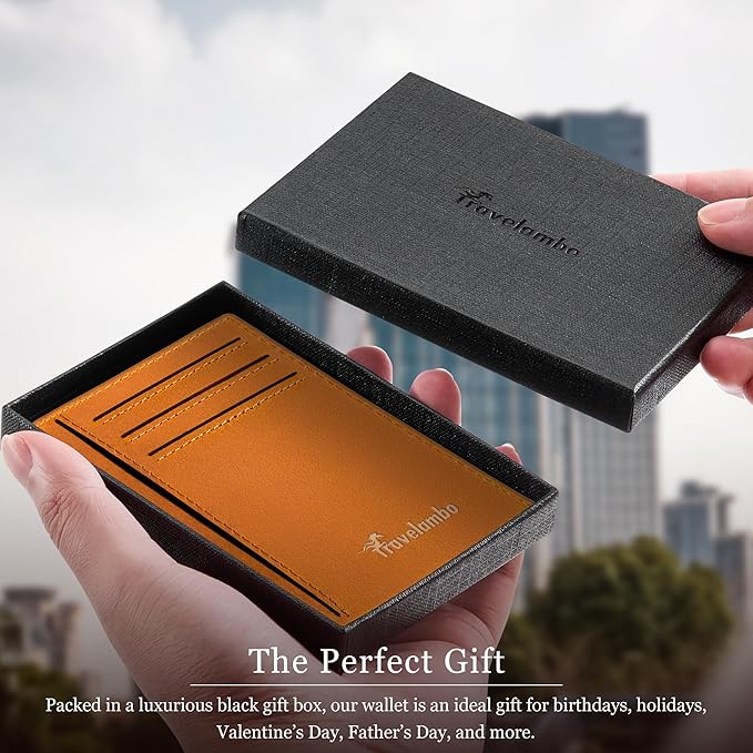 Travelambo 100% Genuine Leather Wallet for Men and Women, Slim Minimalist RFID Blocking Front Pocket Credit Card Holder with Gift Box(Brown 02)
