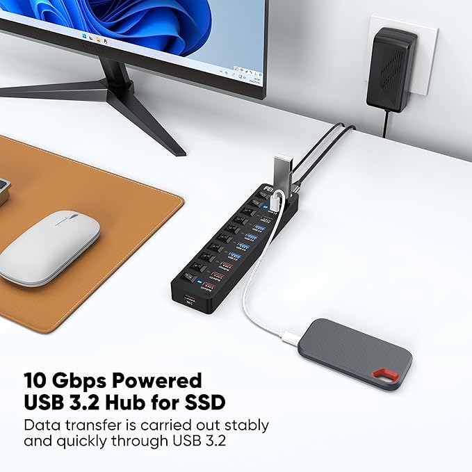 Powered USB C Hub 3.2 11-Port 48W, USB-C 3.2 (10Gbps)*2 + USB-A 3.2 (10Gbps)*1 + USB-A 3.0 (5Gbps)*4 + Power-only Port*4 with 12V/4A Power Adapter High Speed for Laptop PC Phone SSD HDD Flash Drive