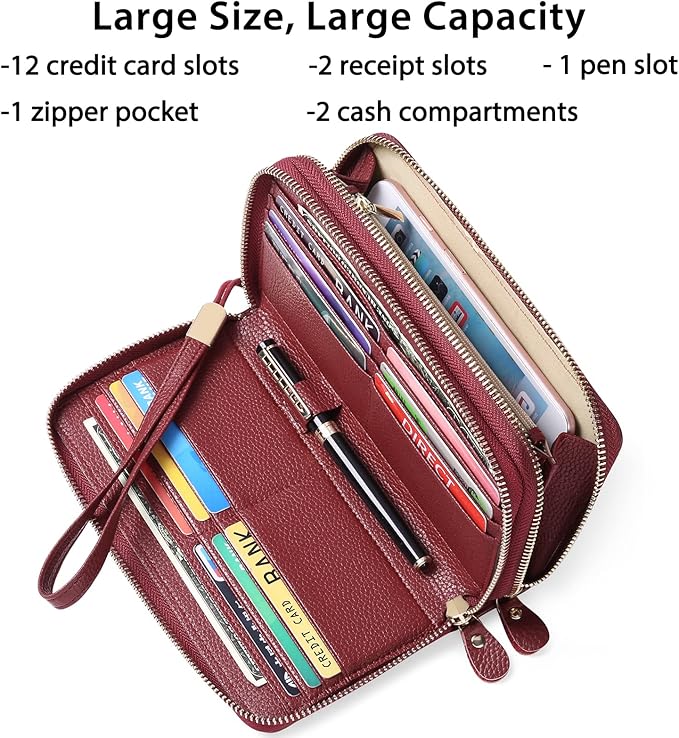 SENDEFN Leather Women Wallet RFID Blocking Zipper Around Phone Holder Clutch Wristlet Large Capacity