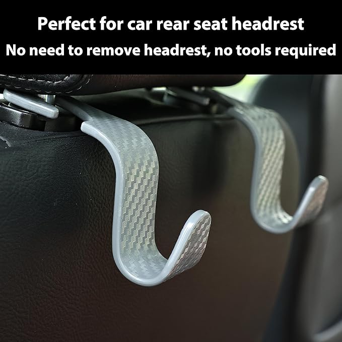 Car Seat Headrest Hook Universal Vehicle Seat Hook Hangers Interior Storage Organizer for Purse Handbag Coats Umbrellas Grocery Bags 4 Pack Grey