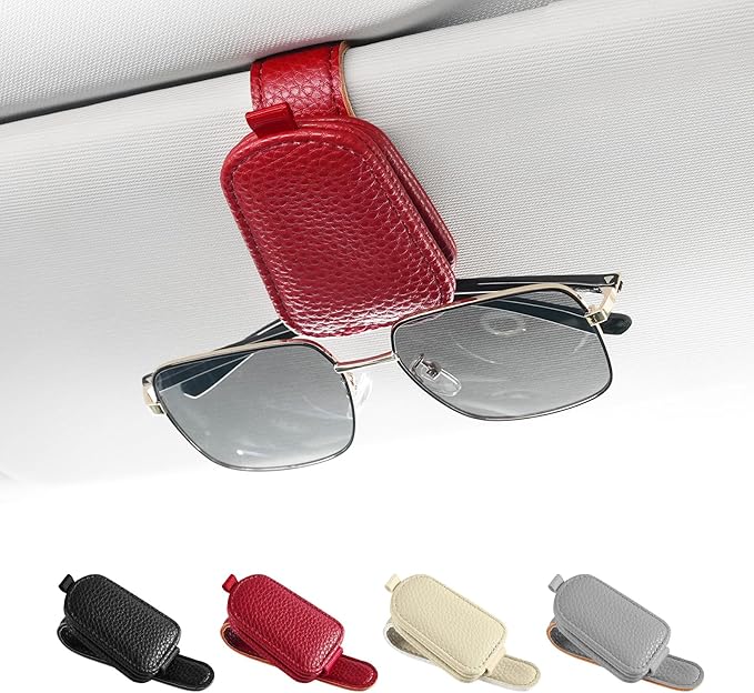 SINGARO Sunglasses Holder for Car, Leather Magnetic Buckle Sun Visor Sunglass Clip, Ticket Card Storage Glasses Clip, Car Interior Accessories for Men and Women（Red）