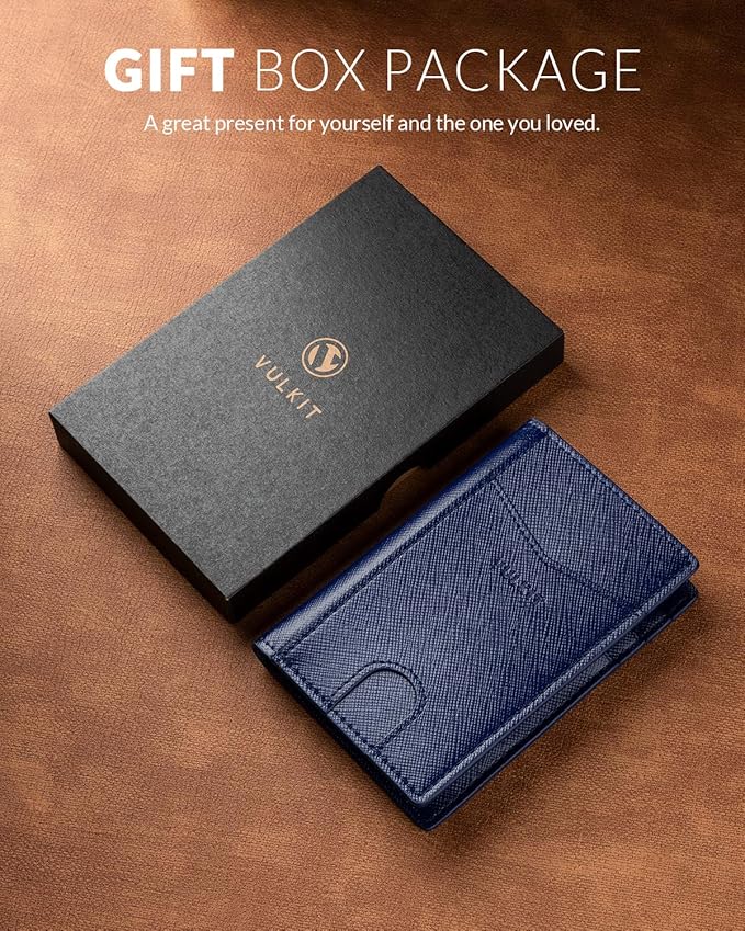 VULKIT Bifold Front Pocket Slim Wallet RFID Blocking Minimalist Thin Leather Credit Card Holder Wallet for Men and Women Cross Navy