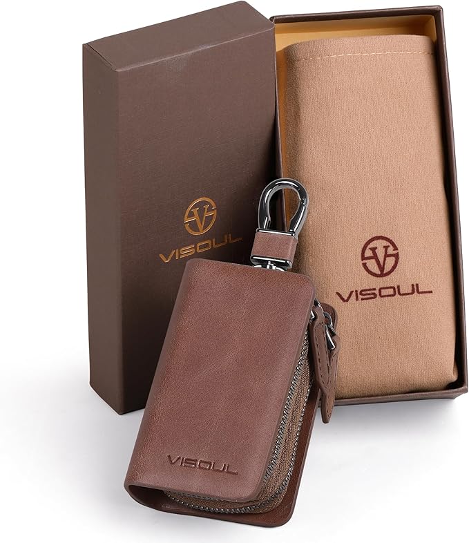 VISOUL Car Key Case Holder Double Zipper, Leather Car Smart Key Fob Case with Keychain for Men and Women