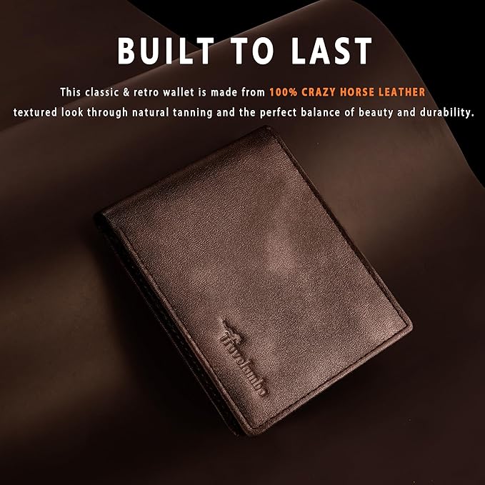 Travelambo Genuine Leather Wallet for Men with Gift Box - Handmade Bifold Stylish - Mens Wallets Rfid Blocking with 2 ID Windows