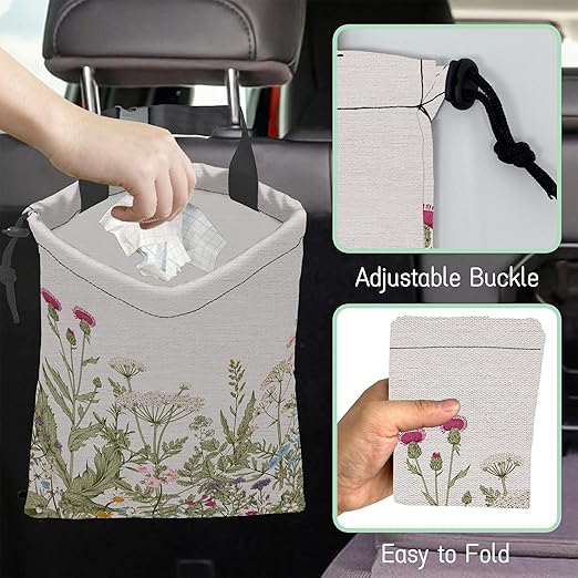 Wild Flowers Car Garbage Bag,Botanical Herbs Waterproof Small Car Trash Bag Hanging Back of Seat,Drawstring Hanging Car Trash Bag with Adjustable Buckle for Car Accessories