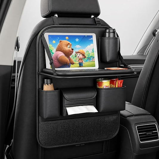 1 Pack Backseat Car Organizer with Tablet Holder, Back of Seat Car Organizer for Kids, Waterproof Kick Mats Car Seat Back Storage, Car Accessories for SUV, Truck, Travel Essentials, Black