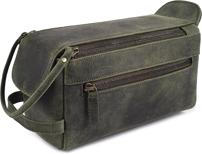 LEATHER VILLAGE Genuine Leather Travel Toiletry Bag - Water-Resistant Dopp Kit for Toiletries, Large Shaving Bag & Bathroom Organizer - Gift for Men & Women - Olive
