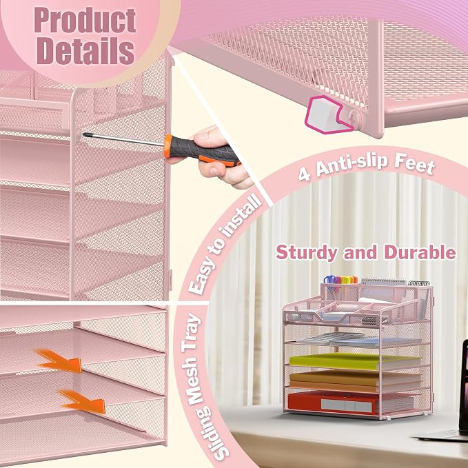 Docnest 5 Tier Mesh Desk Organizer for Paper Office Supplies – Multi-Functional Letter Tray with 5 Adjustable Compartments, 3 Pen Holders, Desktop Storage for Files, Mail, Stationery – Pink
