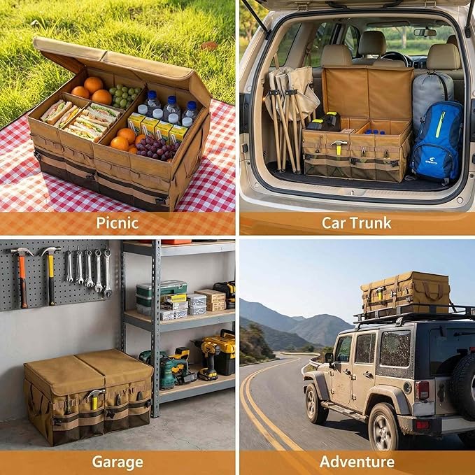 Large 70L SUV Trunk Organizer, Trunk Organizer With Lid, Foldable Cargo Storage Box, Brown, 4-Compartments With Handle,Universal for Car Sedan Truck Camping Grocery Shopping Travel
