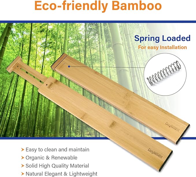 Adjustable Bamboo Drawer Dividers for Clothes, Kitchen Utensils, Office Desks, Bathroom Accessories, Socks and Underwear, and Personal Items, 4 Dividers with 4 Partitions