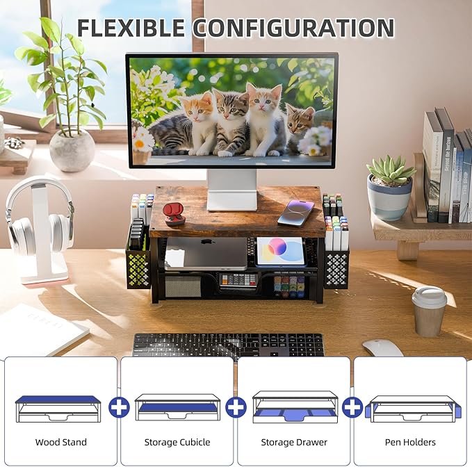 Simple Trending Desk Organizers and Accessories, Computer Monitor Stand Riser with Drawer and 2 Pen Holders, 2-Tier Computer Rack for Home Office, Wood