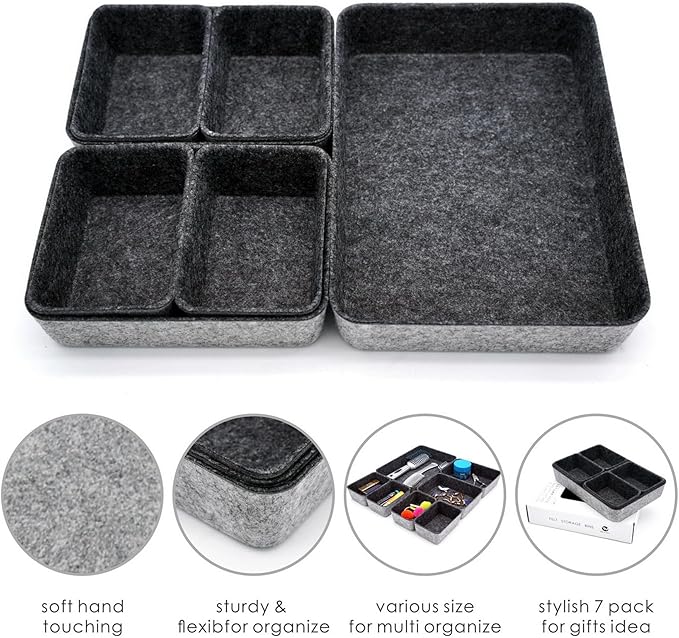 Welaxy Drawer organizers tray felt storage bin office Shallow Small Desk box Draw dividers stylish interior room decor 7-piece (Charcoal)
