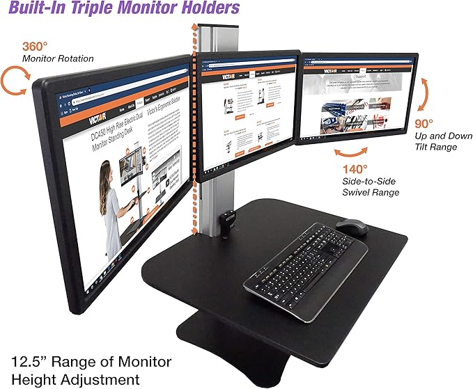 Victor DC475 High Rise Electric Triple Monitor Standing Desk Converter | Three Large Monitor Sit-Stand Desk | 28??Wide Work Surface | Compatible with Any Standard Desk | Adjustable Monitor Holder