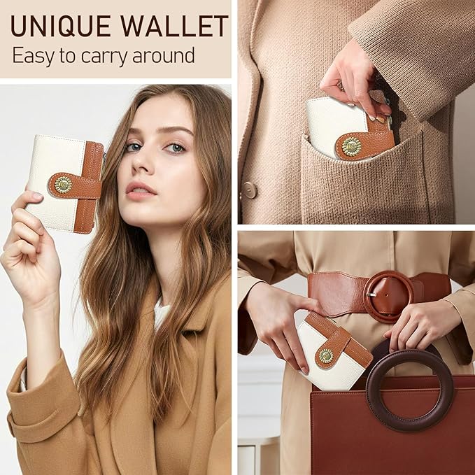 Kelvoris Small Rfid Women Wallet Bifold Zipper Coin Pocket PU Leather Compact Cash Credit Card Holder Travel Wallet for Female Ladies Teen Girls 1 ID Window 10 Card Slots White and Brown
