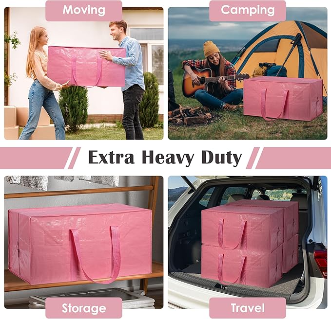 6 Pack Moving Bags with Full-Open Side Zipper, Extra Large 93L Heavy Duty Waterproof Foldable Storage Totes for College Dorm, Moving & Home Organization Pink