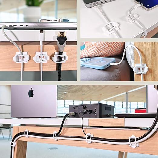 [Made in the UK] 10-Pack Adjustable Elastic Adhesive Cable Clips, Wire Management Holder, Cord Organizer for Home Office, Under Desk, Behind TV, Phone Charger, Laptop, PC, HDMI, USB (White)