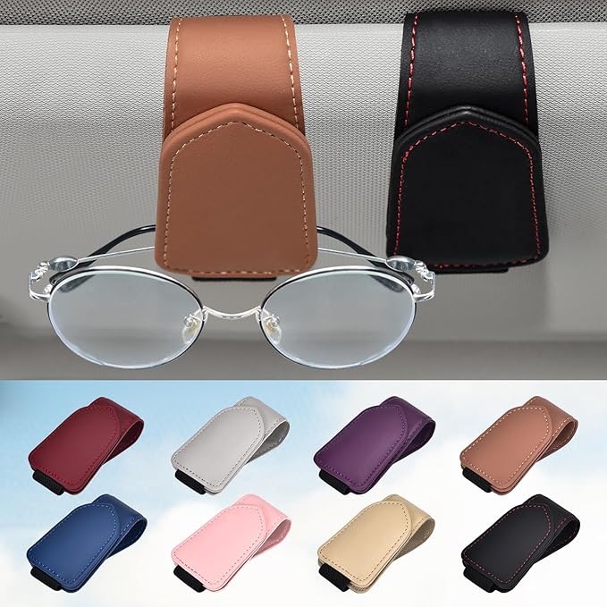 Hoffi Black Sunglasses Holder for car Visor, 2 Packs Magnetic Leather Sunglasses Clip for car Visor, car Accessories for Women and Men Interior, Visor Sunglasses Holder Clip（Black+Brown）
