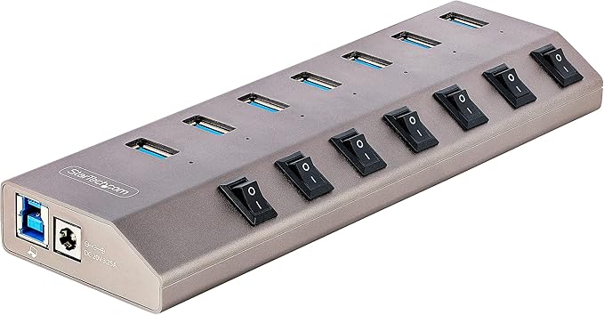 StarTech 7 Port Self-Powered USB C Hub with Individual On/Off Switches, USB 3.0 (5Gbps) Expansion Hub with Power Supply, Desktop Laptop USB-C to USB-A Splitter